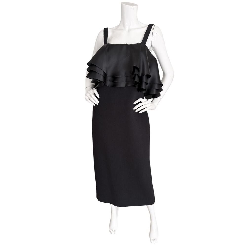 Ann Mashburn Dress Wool Stretch Silk Tiered Flounce Sheath Midi Cocktail Size 12